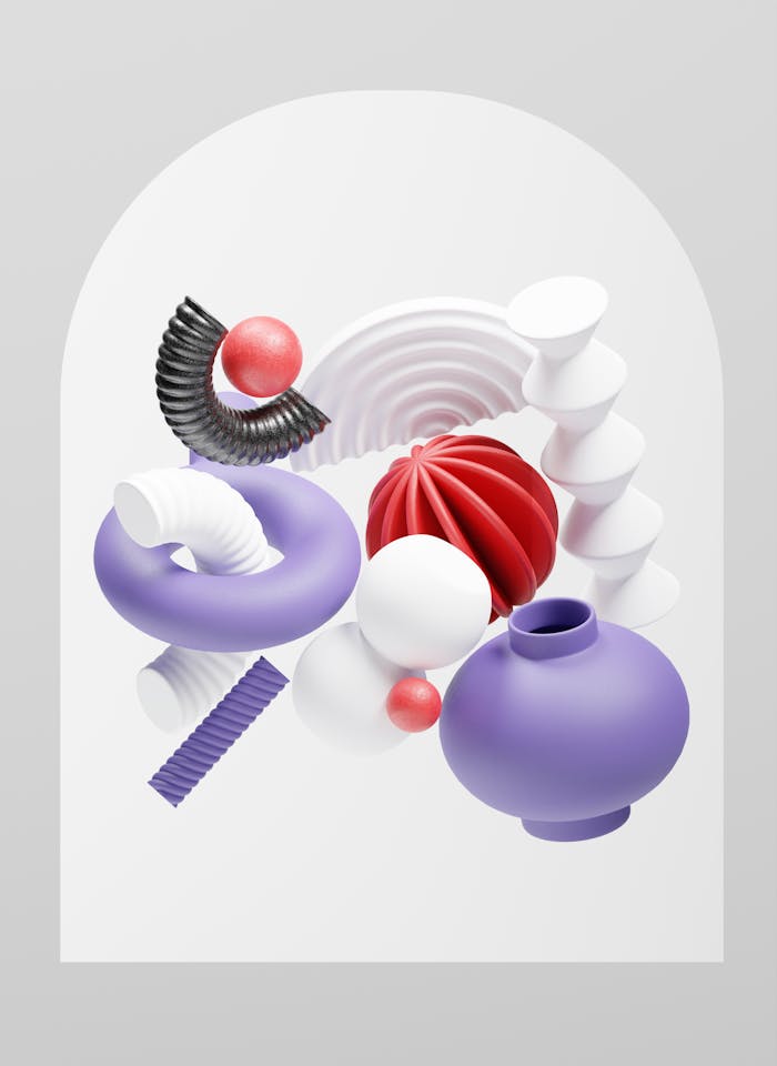 gallery-06 Intricate arrangement of colorful 3D shapes in an artistic composition.