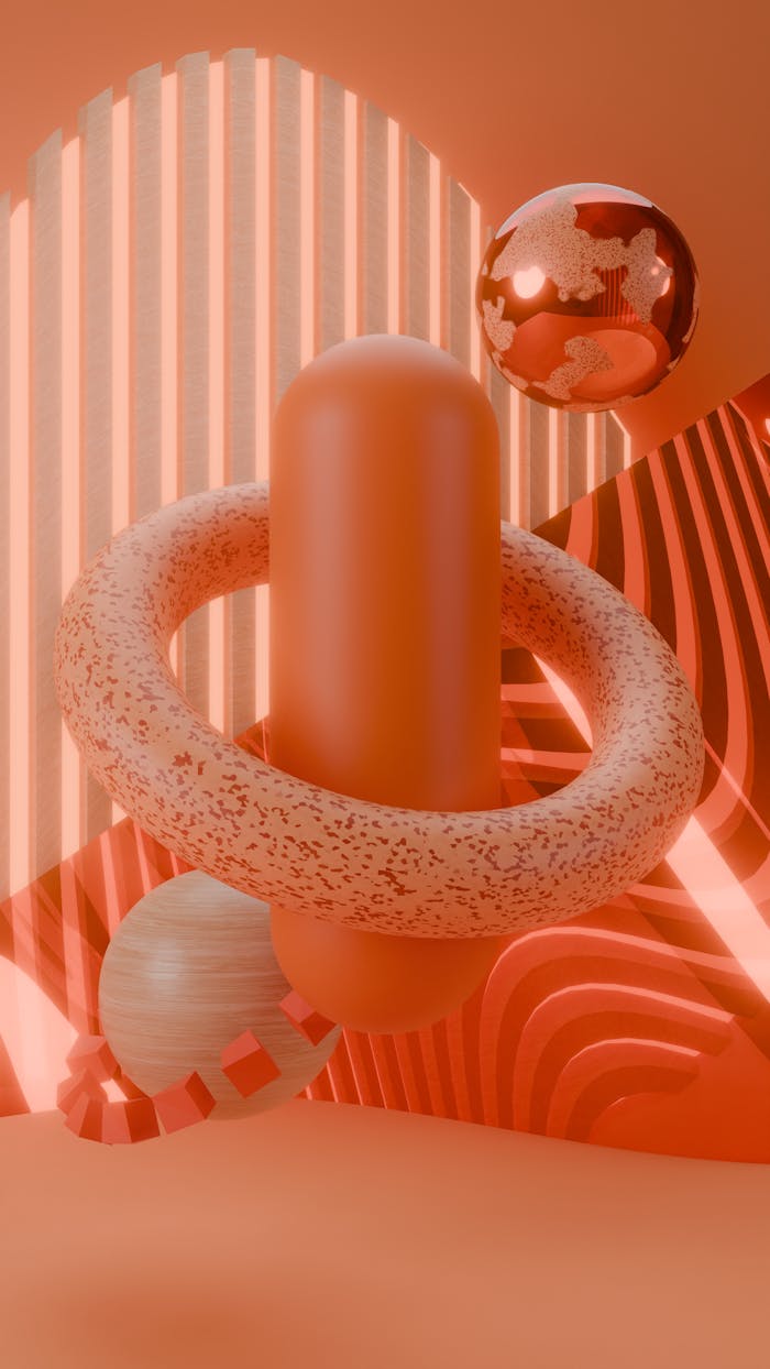 gallery-05 A visually striking composition of 3D geometric shapes in vibrant orange hues.