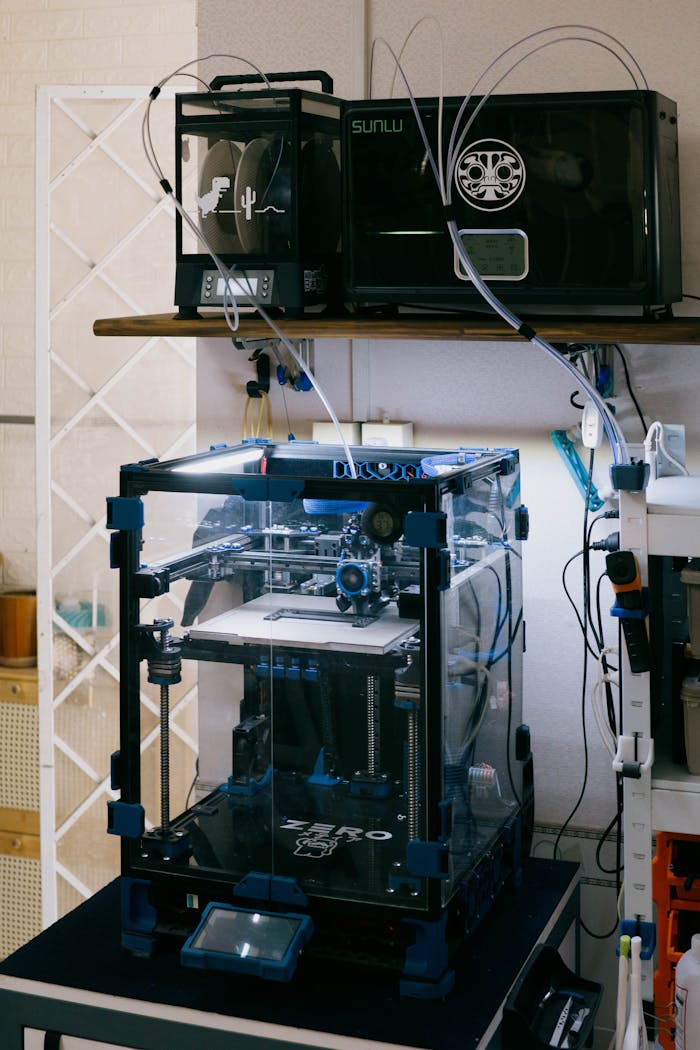 portfolio-01 A modern 3D printer setup in a technology workshop with various tools and devices.